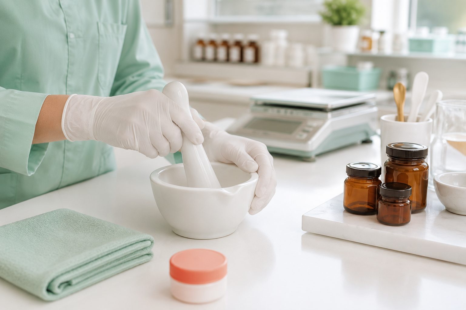 A pharmacist using a mortar and pestle beside a precision scale in a clean compounding area