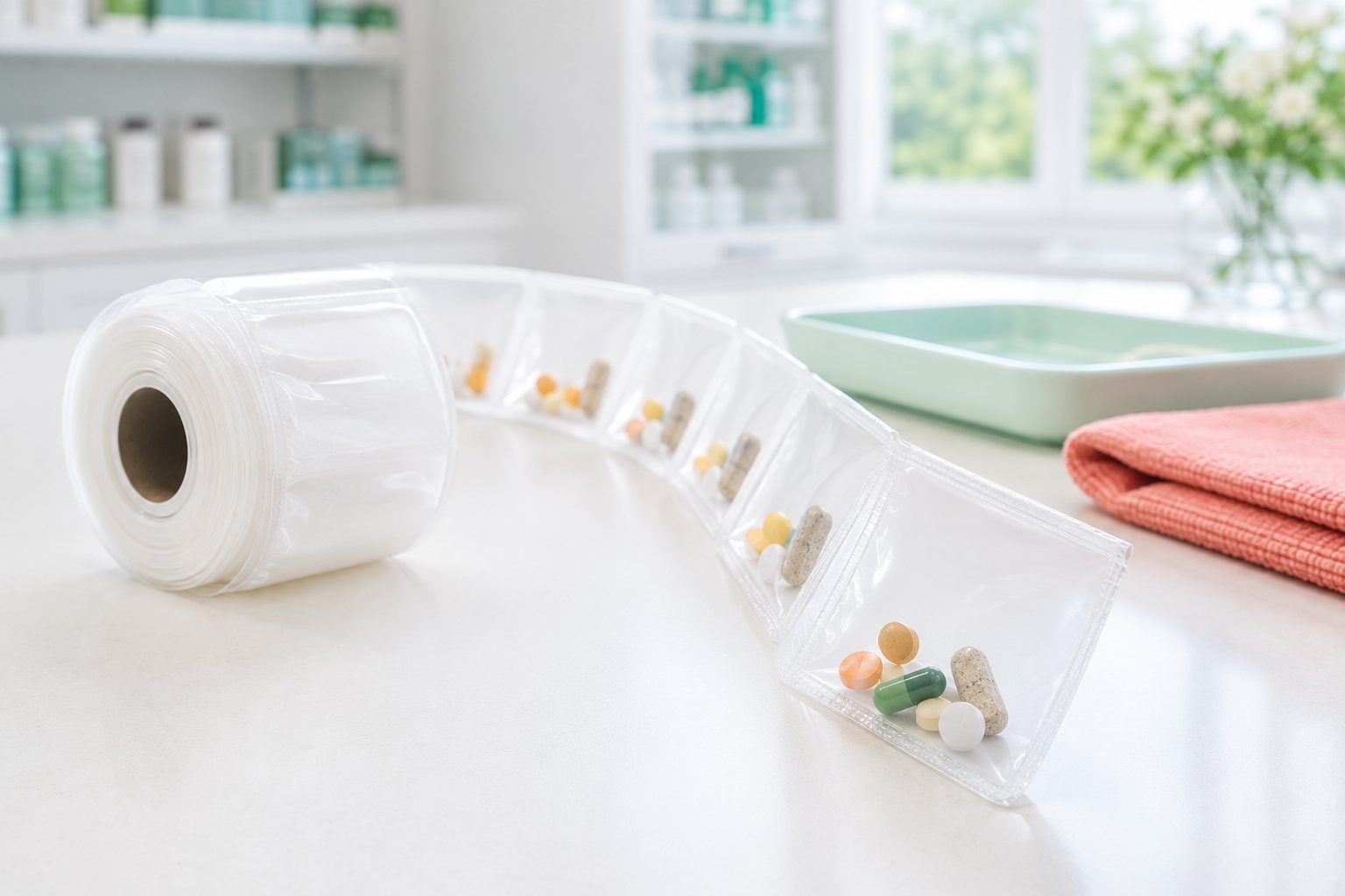 A roll of clear daily dispense medication pouches with pills inside, on a bright pharmacy counter