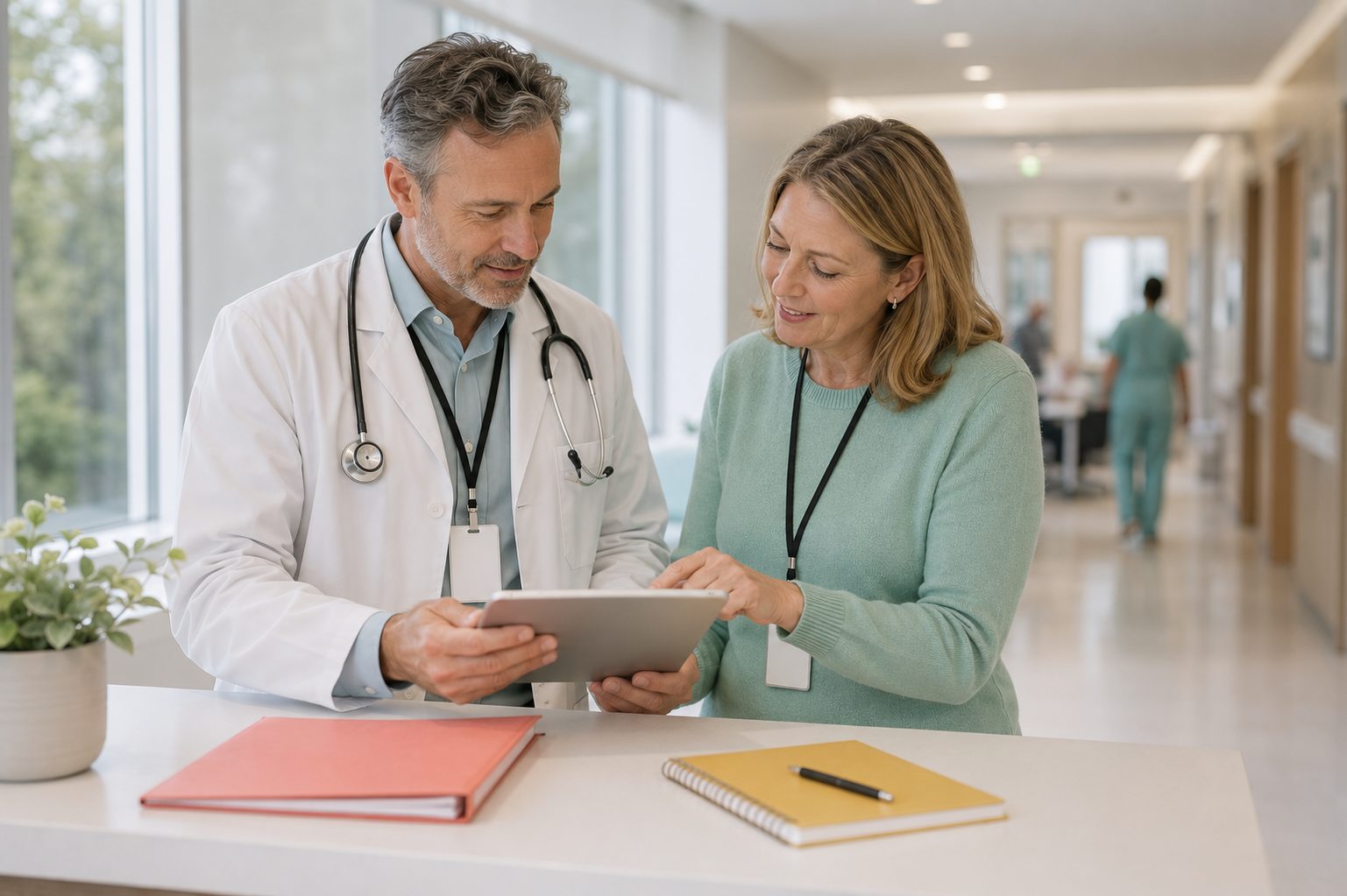 A physician and a case manager reviewing a discharge plan together on a tablet at a bright hospital desk