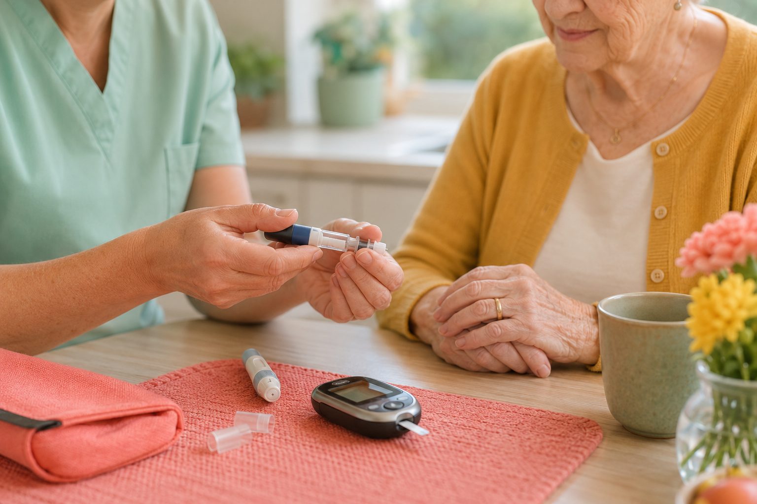 A nurse preparing an insulin pen at a kitchen table while a senior woman watches calmly beside her blood glucose meter