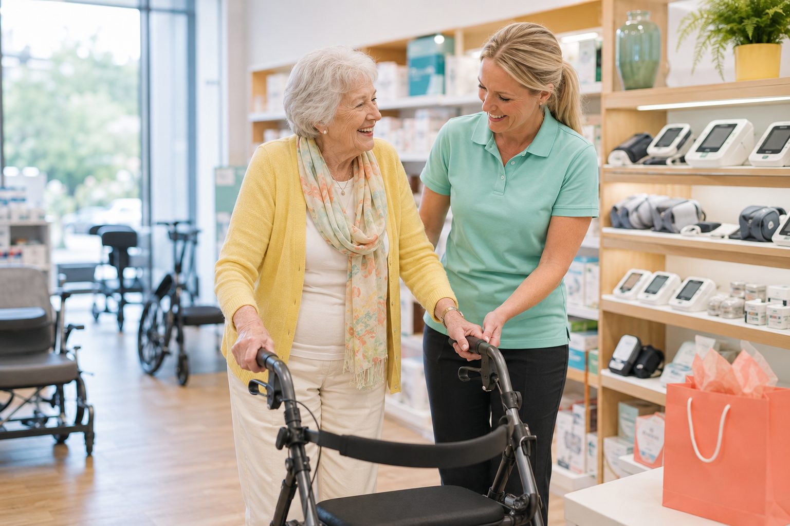 A senior woman trying a rollator walker with help from a pharmacy staff member in the home health section