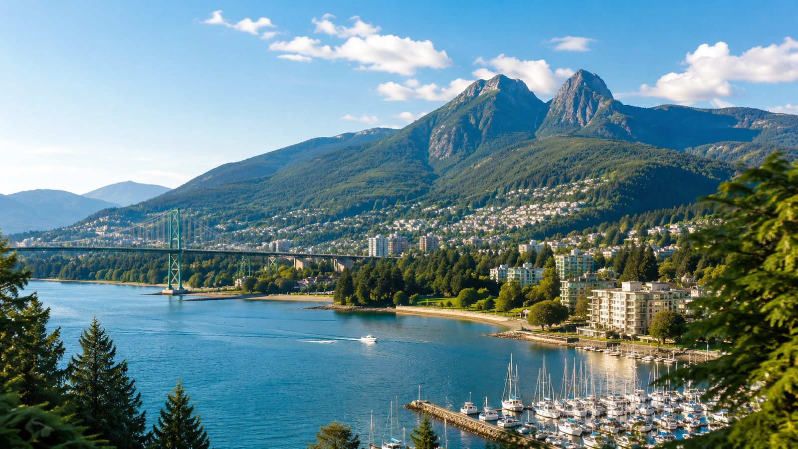 The North Shore of Vancouver with green mountains, the harbour, a marina, and the Lions Gate Bridge