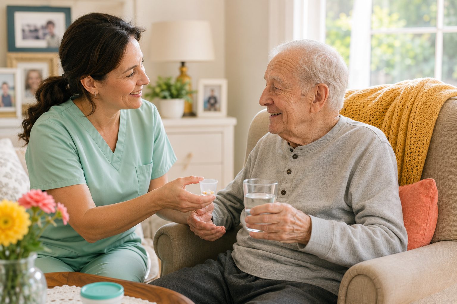 A community nurse in mint green scrubs handing medications and a glass of water to a smiling senior man in his living room