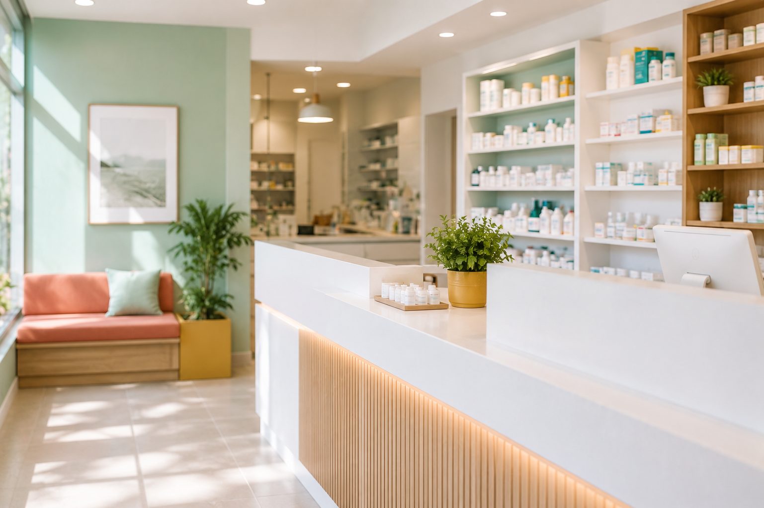 The bright interior of the pharmacy with a white dispensary counter, mint green accent wall, and coral bench