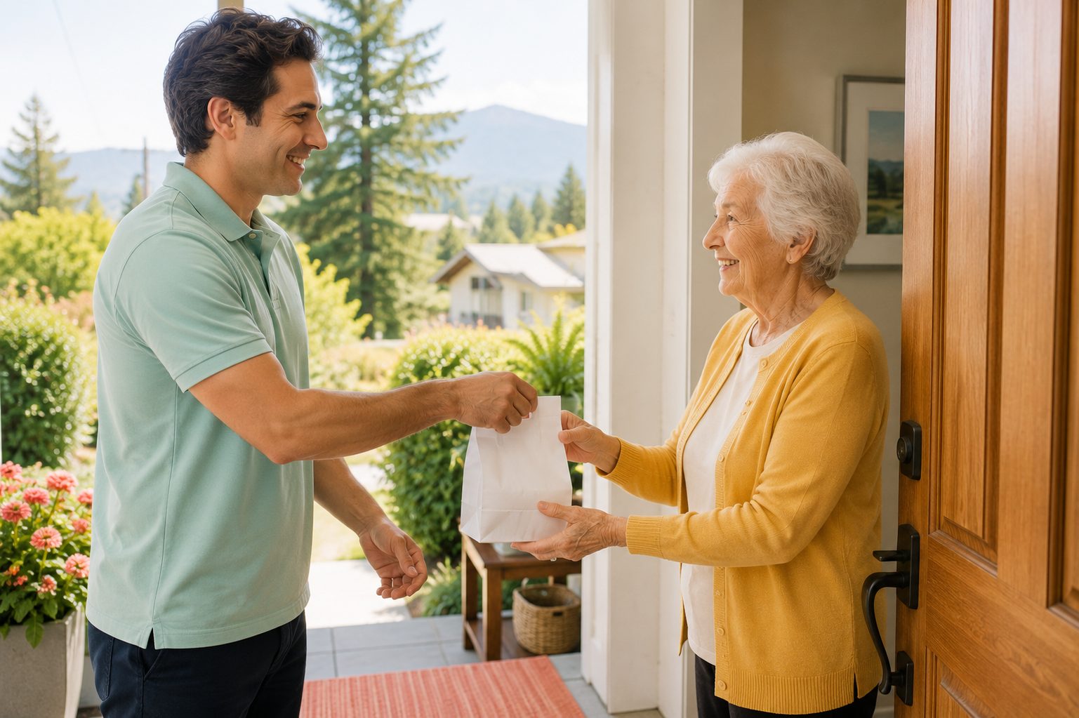 A pharmacy delivery person handing a package to a smiling senior woman at her front door in North Vancouver