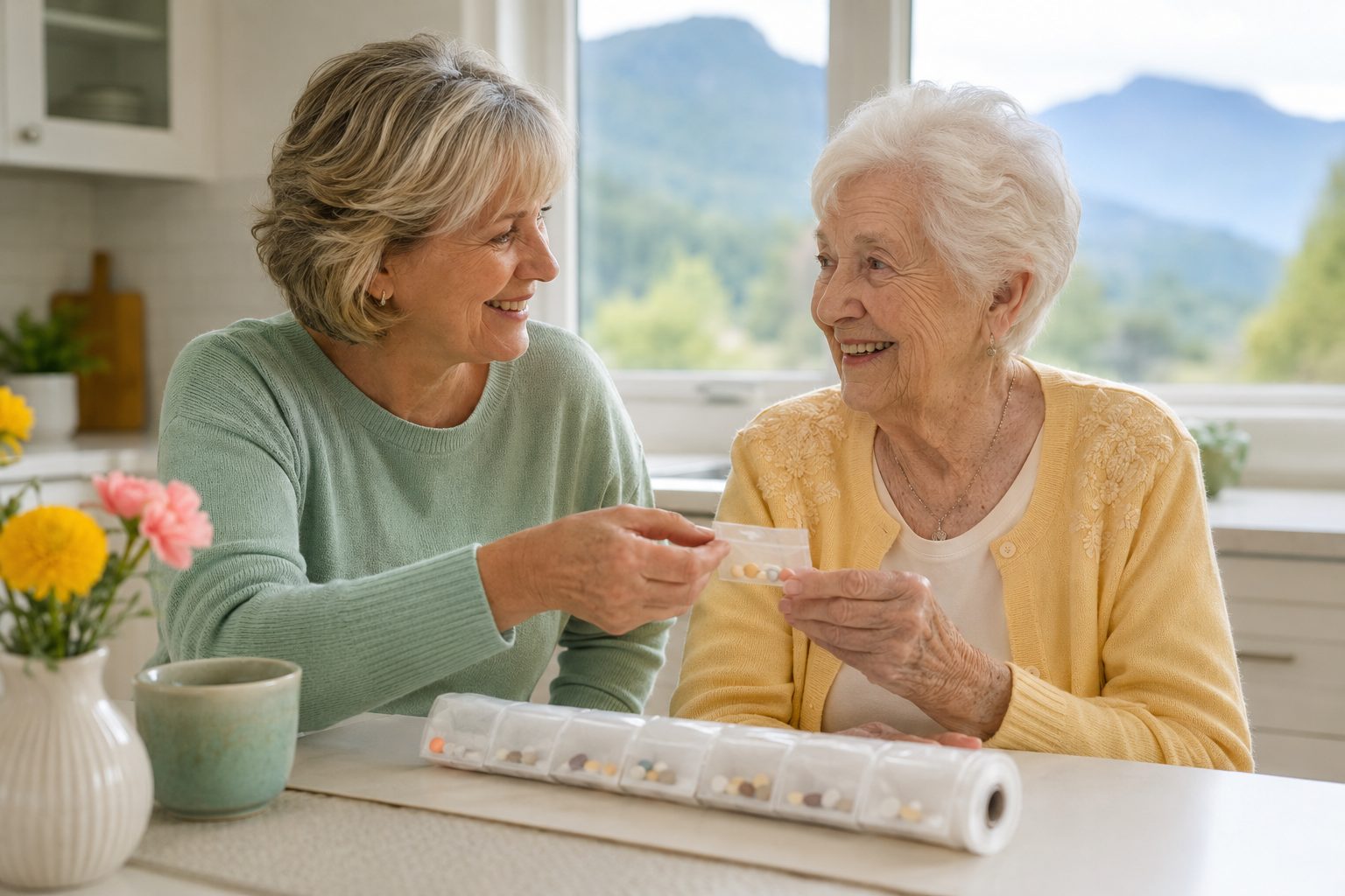 An adult daughter handing her senior mother a labelled daily medication pouch at a bright kitchen table