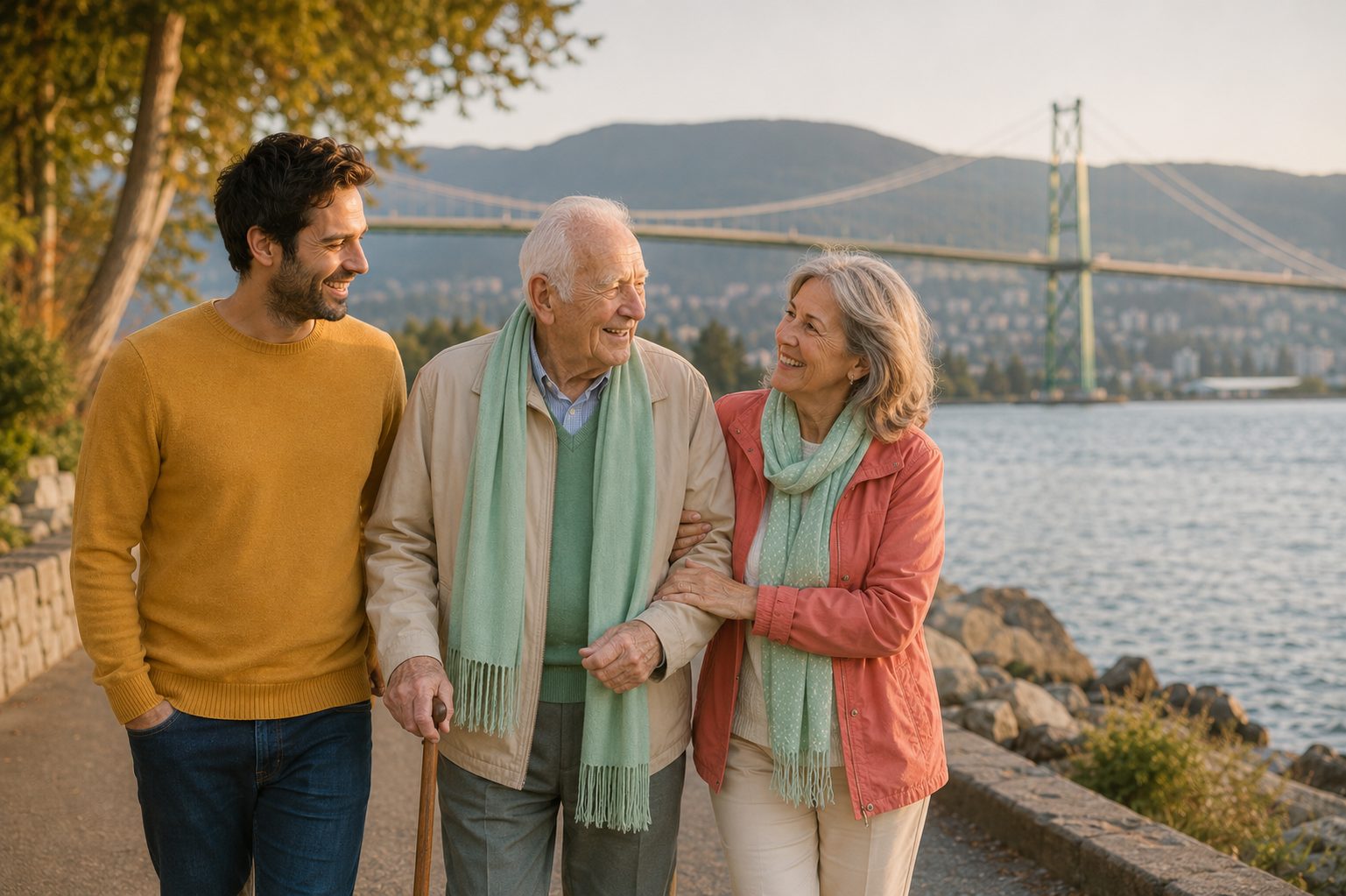 Three generations of a family walking together along the West Vancouver seawall with Lions Gate Bridge behind them